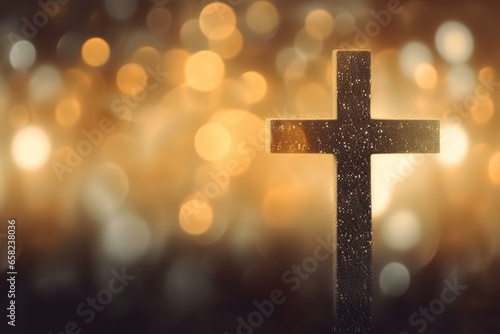 Silhouette of Christian cross on grey background with soft bokeh lights. Copy space for church worship, salvation, and faith symbol in Jesus Christ. Holy cross for Christmas and Easter. Generative AI