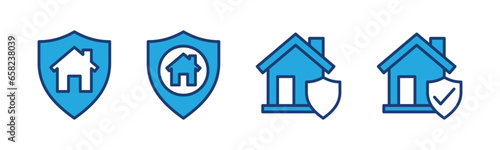 Home insurance icons. House with shield protection. Real estate, property, residence, apartment with shield and check mark symbol on white background for apps and websites. Vector illustration