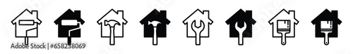 Home renovation icons. Home improvement icon. House with paintbrush, wrench, hammer symbol in line and flat style on white background for apps and websites. Vector illustration