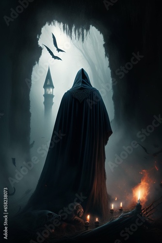 portrait of a scary dementor, above a pile of corpses, dark and scary night, realistic, detailed, horror, spooky, terror