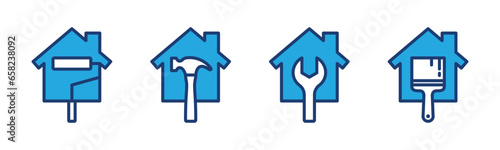 Home renovation icons. Home improvement icon. House with paintbrush, wrench, hammer symbol on white background for apps and websites. Vector illustration