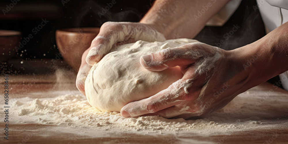 baker chef baking bread making dough mixing with fluor on kitchen table concept of hand made pastry fresh tasty bread