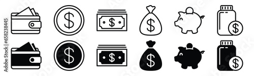 Finance line icon set. Money, Wallet, piggy bank, coin, money bag or box, savings icons symbol on white background. Vector illustration