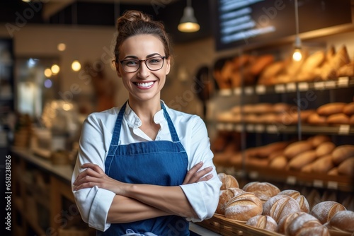 Portrait of female worker in bakery, standing in doorway