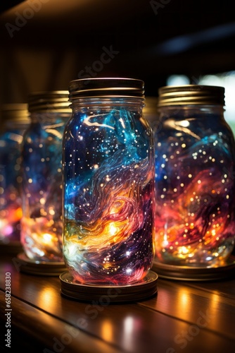 A magical jar, filled with glittering lights in bright beautiful colors.