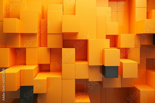 Interlocking blocks in various shapes and sizes form a wall against an orange and yellow futuristic background with empty space. Generative AI photo