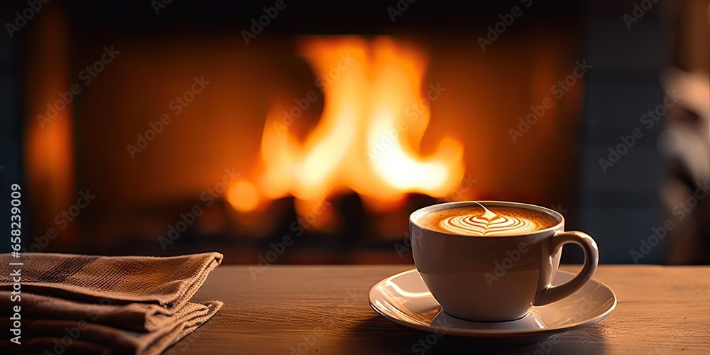 Cozy winter morning by fireplace with hot cocoa. Fireside comfort. Enjoying warm drink at home. Winter wonderland. Cup of tea by fireplace Cozy winter morning by fireplace with hot cocoa. Fireside comfort. Enjoying warm drink at home. Winter wonderland. Cup of tea by fireplace