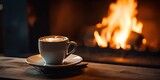Cozy winter morning by fireplace with hot cocoa. Fireside comfort. Enjoying warm drink at home. Winter wonderland. Cup of tea by fireplace