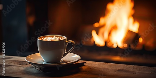 Cozy winter morning by fireplace with hot cocoa. Fireside comfort. Enjoying warm drink at home. Winter wonderland. Cup of tea by fireplace