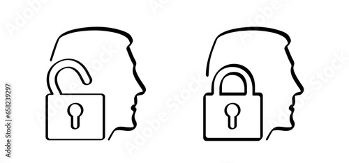 Cartoon face key profile icon. Unlock, open or close lock system. Access granted. Head profile speak, communication pictogram. Assistance vector icon. Psychology therapy concept. Password protection