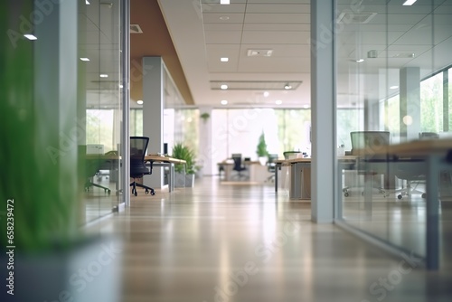 Blurred empty open space office. Abstract light bokeh at office interior background for design.