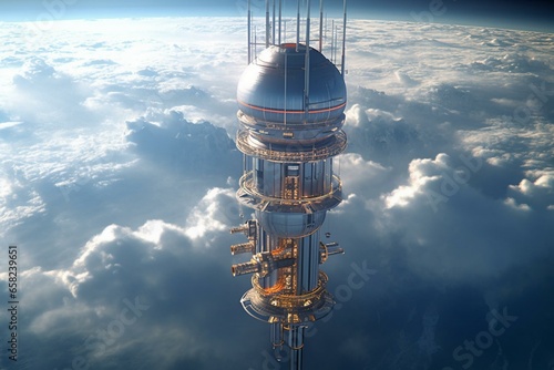 Concept of future technology with a space elevator for space travel. Generative AI