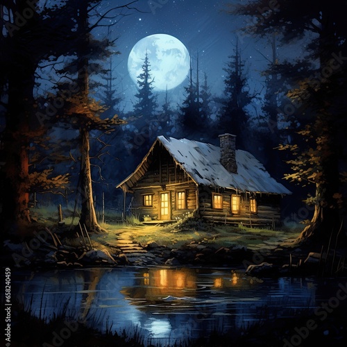 Mysterious Cabin In The Woods Under Full Moon, Generative AI Illustration