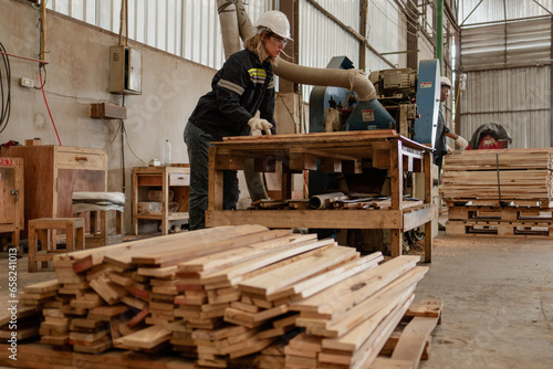 Wallpaper Mural Skilled multiracial worker standing in lumber warehouse of hardwood furniture factory using wood cutting machine. Professional technician or engineer busy working with tool in woodwork manufacturing. Torontodigital.ca
