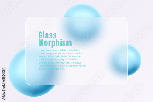 Horizontal glass translucent banner with levitating balls and spheres. Abstract glass morphism background.