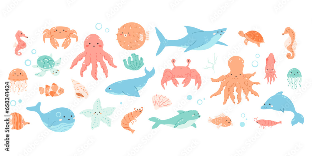 Undersea animals big collection. Cute fish set, octopus, baby dolphin, seahorse, shrimp with kawaii face, squid, puffer fish, shark, turtle, crab. Aquatic cartoon bundle. Vector illustration.