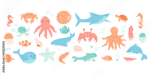 Undersea animals big collection. Cute fish set, octopus, baby dolphin, seahorse, shrimp with kawaii face, squid, puffer fish, shark, turtle, crab. Aquatic cartoon bundle. Vector illustration.