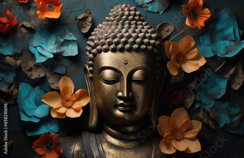 Buddha golden statue decorated with flower blossoms