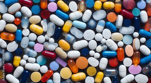 colorful pills background, colored drugs background, pills and drug wallpaper, drugs banner, colored vitemines on abstract background, vitamins and drugs wallpaper © Gegham
