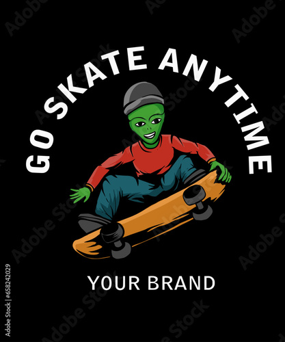 Alien riding skateboard vintage design