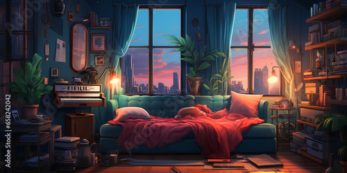 Lofi cozy bedroom apartment with city scrapes view from window night ambience