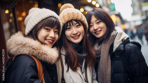仲良し3人組の若い日本人女性が秋の京都を旅行している © Hanako ITO