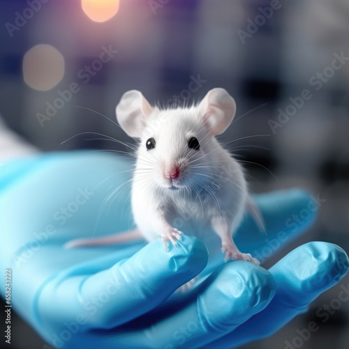 Hand of scientist holding a small mouse for experiment in laboratory.Concept