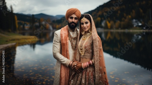 Sikh Indian Punjabi Bride and Groom in Traditional Orange and Ivory Wedding Attire Generative Ai photo