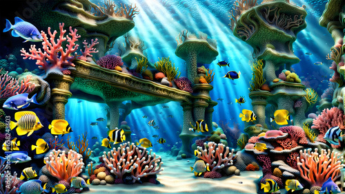 Seafloor illustration group of fish swimming around a coral reef