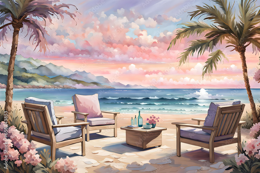 Illustration Coastal Haven, beach with sand and trees, palm trees