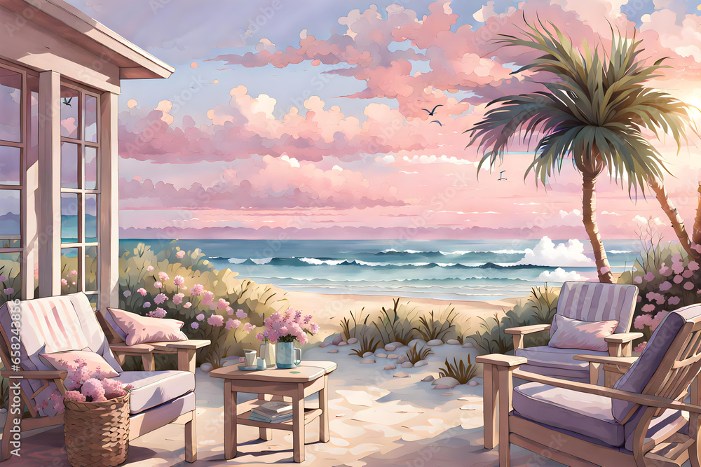 Illustration Coastal Haven, beach with sand and trees, palm trees