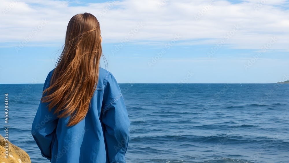 Woman on the Beach. Back View of Woman with Brown Hair Contemplating the Sea.