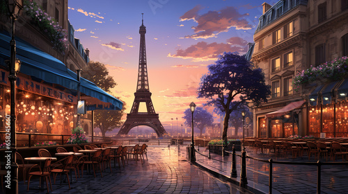 Fototapeta Naklejka Na Ścianę i Meble -  Scenic view of shopping street in Paris with Eiffel tower in background during sunrise in landscape comic style. Digital illustration generative AI.