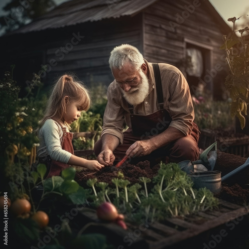 Family planting vegetable from backyard garden.GrandFather learning his little granddaughter to planting