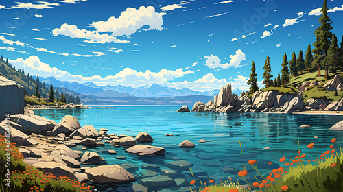 Scenic view of Lake Tahoe on a sunny day, Nevada, California, during sunrise or sunset in landscape comic style. Digital illustration generative AI. photo
