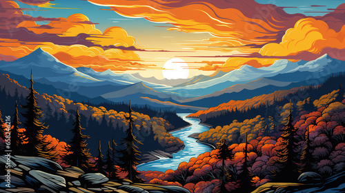 Scenic view of the Great Smoky Mountains National Park, North Carolina, Tennessee, smoky mountains, smoke, mountain, in landscape comic style. Digital illustration generative AI.