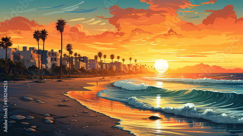 Scenic view of Venice Beach in California during sunrise or sunset, in landscape comic style. Digital illustration generative AI.