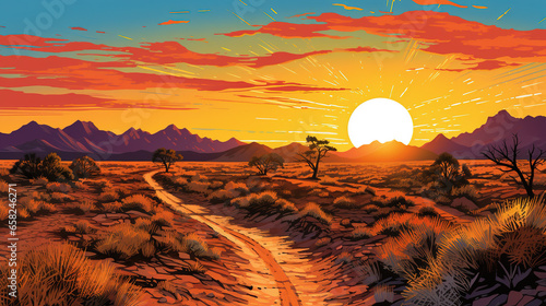 Scenic view of Death Valley National Park in California during sunrise or sunset, in landscape comic style. Digital illustration generative AI.