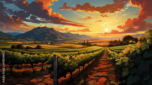 Scenic view of Napa Valley, California, during sunrise or sunset, in landscape comic style. Digital illustration generative AI.