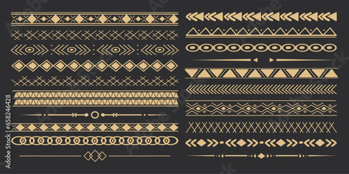 Set tribal golden ethnic arrow dividers, native indian bow boho in doodle style isolated on dark background. Collection borders, decoration elements