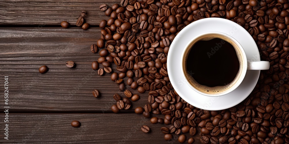 Savoring cup of espresso on wooden table. Morning coffee bean delight. Fresh aroma and ambiance. Vintage cafe vibes Savoring cup of espresso on wooden table. Morning coffee bean delight. Fresh aroma and ambiance. Vintage cafe vibes