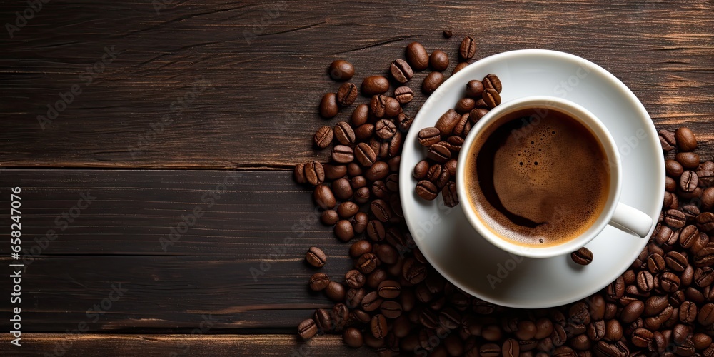 Savoring cup of espresso on wooden table. Morning coffee bean delight. Fresh aroma and ambiance. Vintage cafe vibes Savoring cup of espresso on wooden table. Morning coffee bean delight. Fresh aroma and ambiance. Vintage cafe vibes