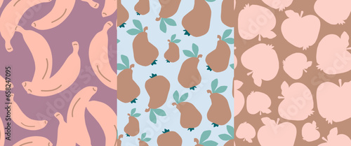 Abstract Patterns.Apple.Banana.Pear.Vector set. Seamless background.Cut from paper.Minimalism.Fashionable.Stylish.Print for textile.Cover.Packaging.Wrapper.Fruit.Autumn.Summer.Season.Cozy.