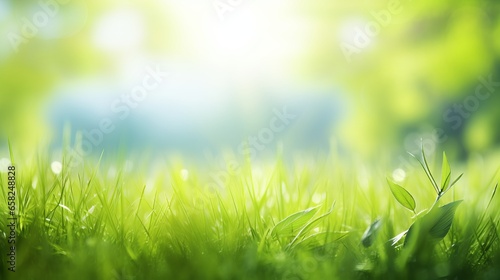 Spring summer background with frame of grass and leaves on nature. Juicy lush green grass on meadow in morning sunny light outdoors  copy space  soft focus  defocus background.