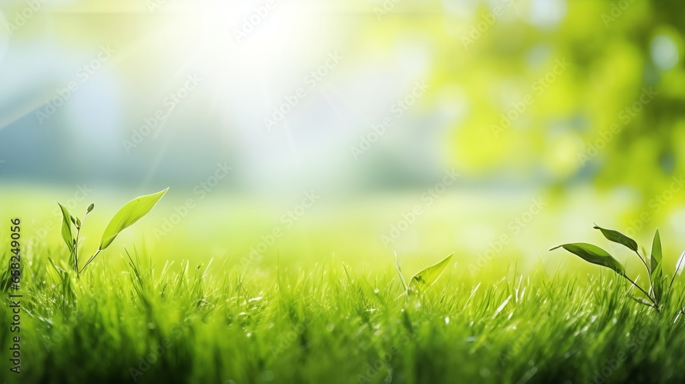 Obraz premium Spring summer background with frame of grass and leaves on nature. Juicy lush green grass on meadow in morning sunny light outdoors, copy space, soft focus, defocus background.
