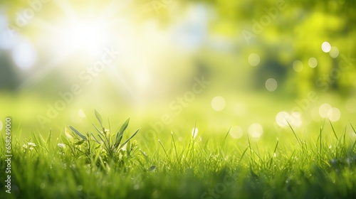 Spring summer background with frame of grass and leaves on nature. Juicy lush green grass on meadow in morning sunny light outdoors  copy space  soft focus  defocus background.