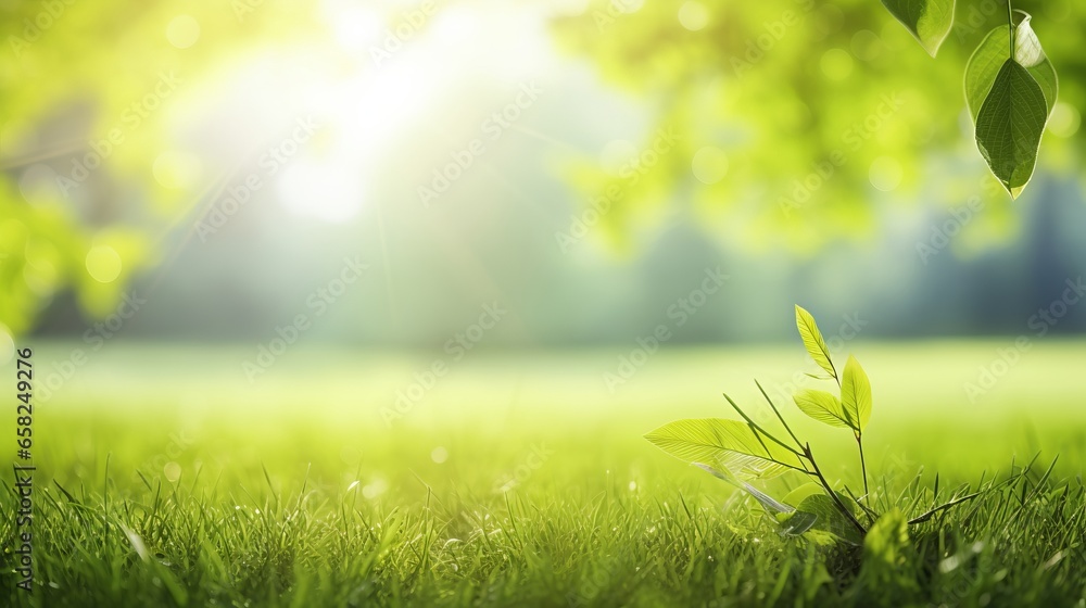 Obraz premium Spring summer background with frame of grass and leaves on nature. Juicy lush green grass on meadow in morning sunny light outdoors, copy space, soft focus, defocus background.