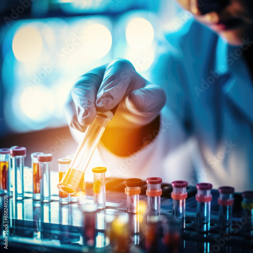 Scientists or Health care researcher holding test tube and analyzing data DNA gene transfer and gene therapy disease treatment and prevention in scientific chemical laboratory.Concept