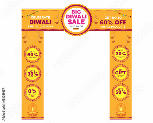 Creative design happy Diwali Big festival sale offer entrance arch with discounts options, Diwali sale.