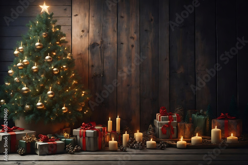 christmas tree with candles on a rustic wooden background